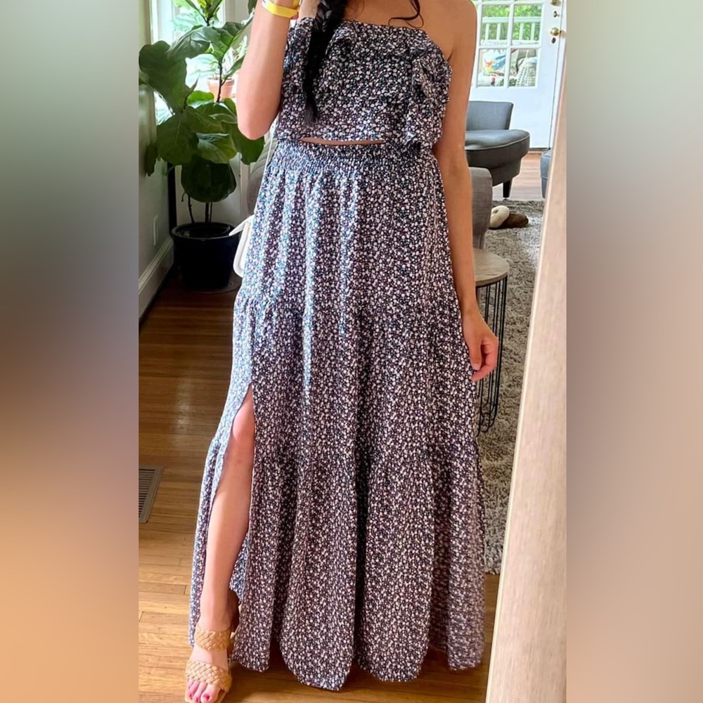 2 piece cropped ruffle top and maxi skirt set
